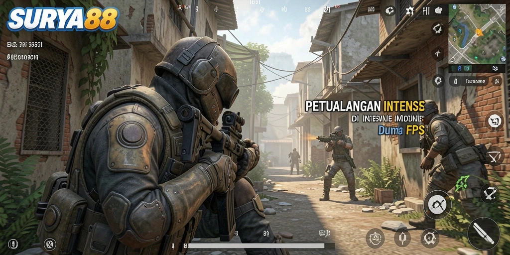 Tangkapan layar gameplay SURYA88 menampilkan pertempuran FPS yang mendebarkan.